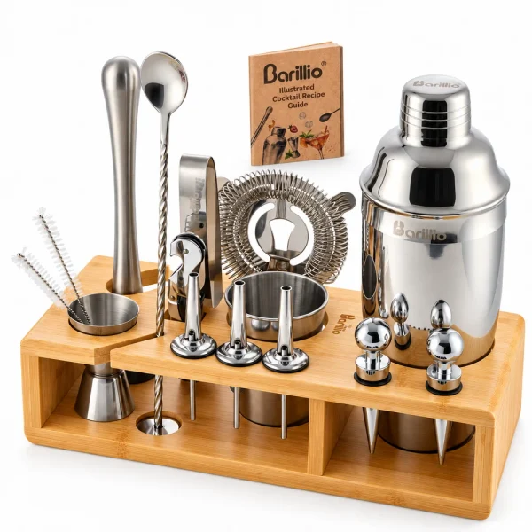 Barillio® Mixology Bartender Kit With Elegant Bamboo Stand (Silver)