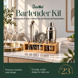 Barillio® Mixology Bartender Kit With Elegant Bamboo Stand (Silver)