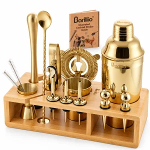 Barillio® Mixology Bartender Kit With Elegant Bamboo Stand (Gold)