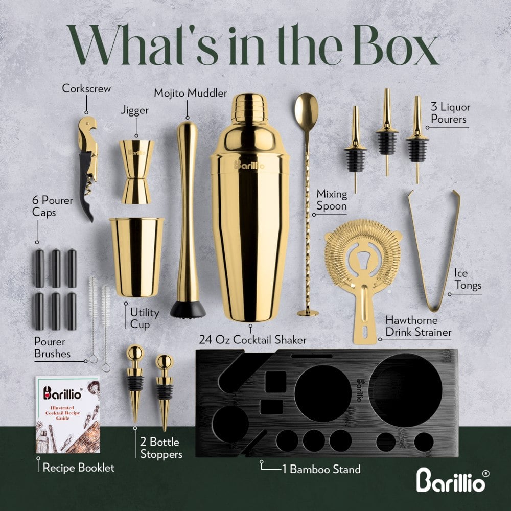Gold Bartender Kit With Black Bamboo Stand - 23-Piece | Barillio®