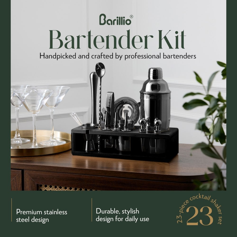 Black Bartender Kit With Black Bamboo Stand - 23-Piece | Barillio®
