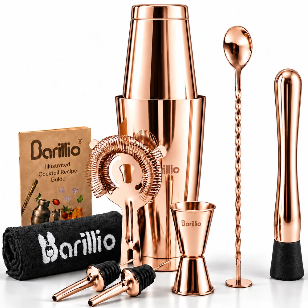 Rose Copper Boston Shaker Set With Velvet Bag - 9-Piece | Barillio®