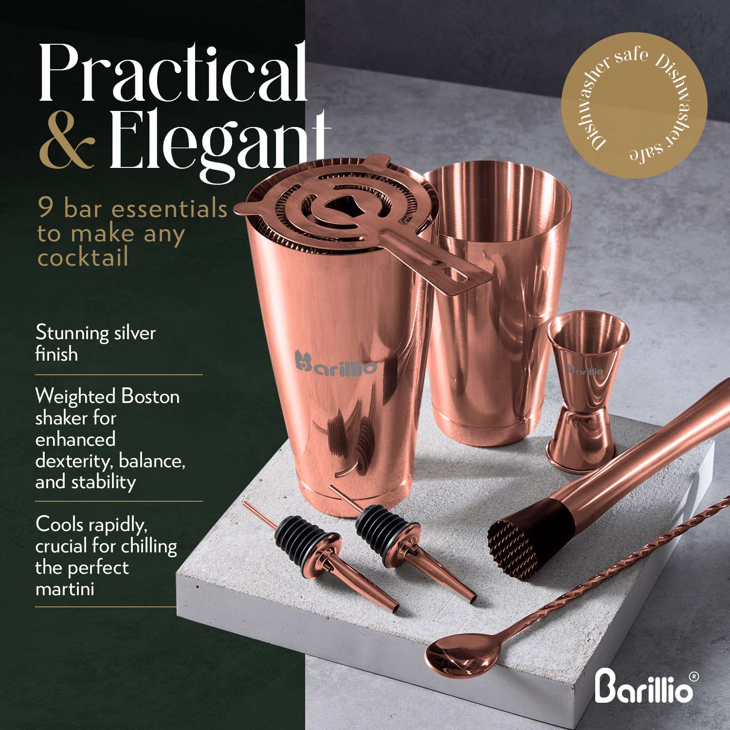 Barillio Set shaker Boston nero, in acciaio inossidabile, set martini