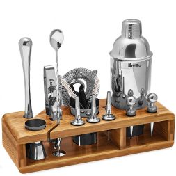 Bartending Kit Cocktail Shaker Set With Stylish Wooden Stand Recipes Booklet New 