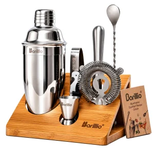 Barillio® Cocktail Shaker Set With Elegant Bamboo Stand (Silver)