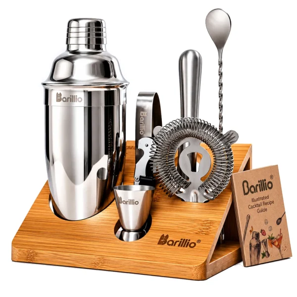 Barillio® Cocktail Shaker Set With Elegant Bamboo Stand (Silver)