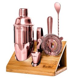 Cocktail Shaker Set Drink Mixer With Elegant Bamboo Stand (Rose-Copper)