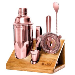 Barillio® Cocktail Shaker Set With Elegant Bamboo Stand (Rose-Copper)