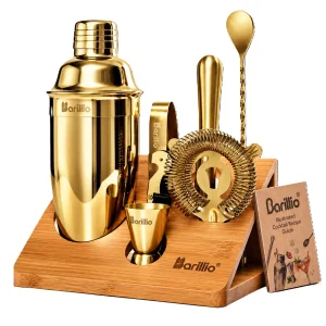 Barillio® Cocktail Shaker Set With Elegant Bamboo Stand (Gold)