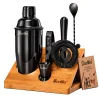 Barillio® Cocktail Shaker Set With Elegant Bamboo Stand (Black)