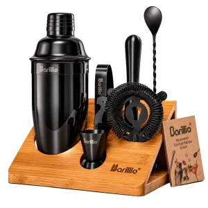 Barillio® Cocktail Shaker Set With Elegant Bamboo Stand (Black)
