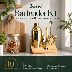 Barillio® Cocktail Shaker Set With Elegant Bamboo Stand (Gold)