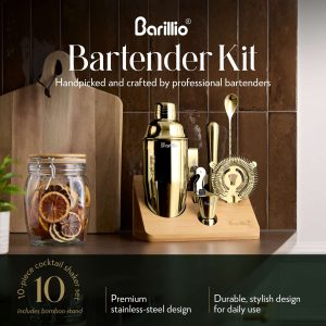 Barillio® Cocktail Shaker Set With Elegant Bamboo Stand (Gold)