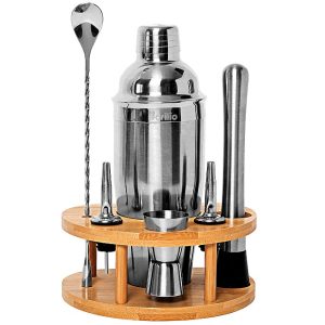Cocktail Shaker Set Drink Mixer With Elegant Rounded Bamboo Stand