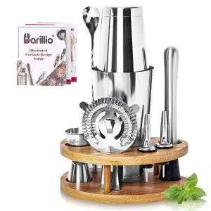 Boston Shaker Set Drink Mixer With Elegant Rounded Bamboo Stand