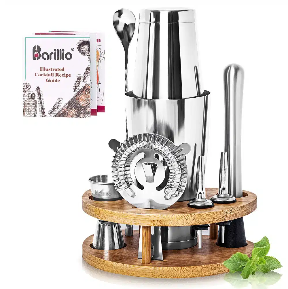 Boston Shaker Set Drink Mixer With Elegant Rounded Bamboo Stand