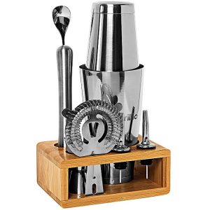 Boston Shaker Set Drink Mixer With Elegant Squared Bamboo Stand