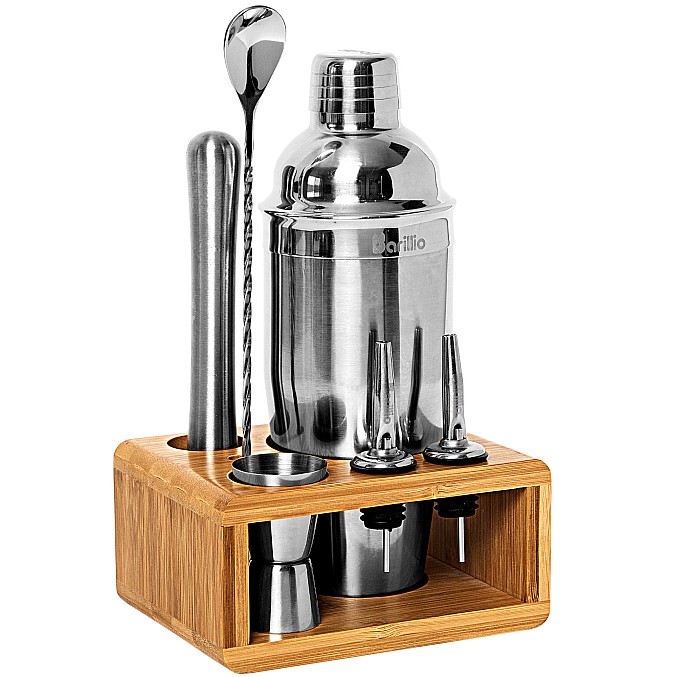Cocktail Shaker Set Drink Mixer With Elegant Squared Bamboo Stand