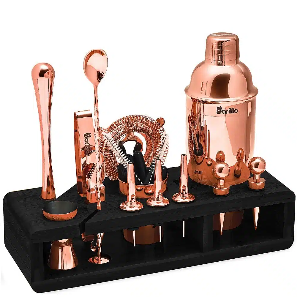 Barillio Cocktail Shaker Set with Elegant Bamboo Stand (Rose-Copper)