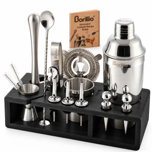 Barillio® Mixology Silver Bartender Kit With Black Elegant Bamboo Stand