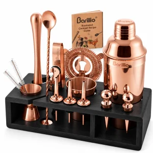 Barillio® Mixology Rose-Copper Bartender Kit With Black Elegant Bamboo Stand