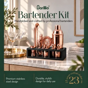 Barillio® Mixology Rose-Copper Bartender Kit With Black Elegant Bamboo Stand