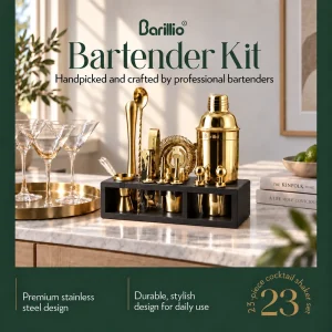 Barillio® Mixology Gold Bartender Kit With Black Elegant Bamboo Stand