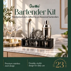 Barillio® Mixology Silver Bartender Kit With Black Elegant Bamboo Stand