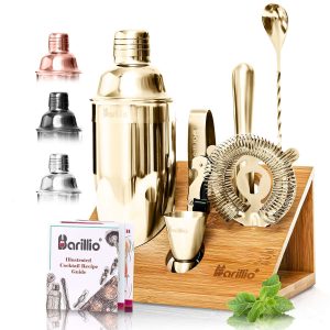 Barillio® Cocktail Shaker Set With Elegant Bamboo Stand (Gold)