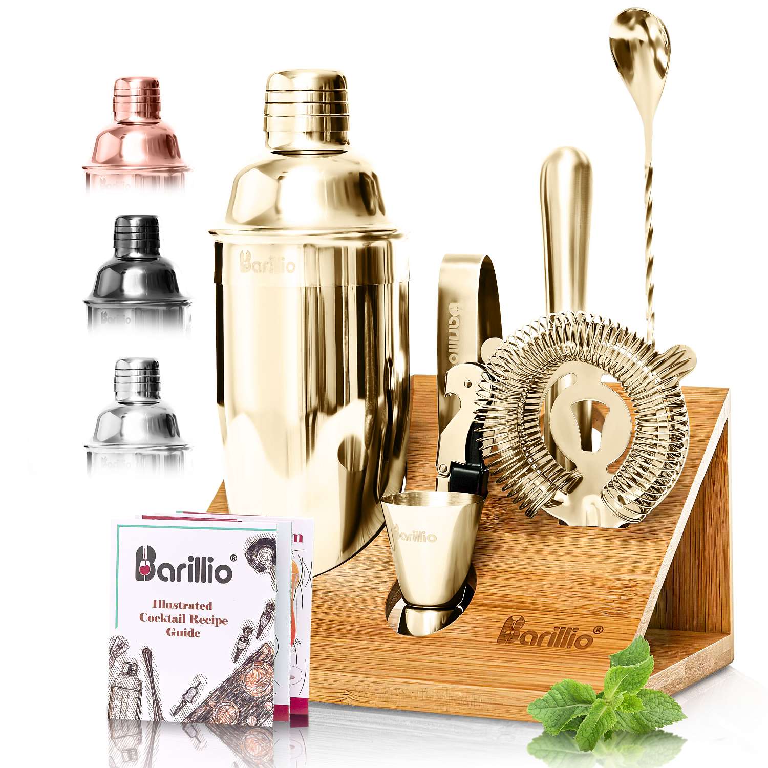 Barillio® Cocktail Shaker Set With Elegant Bamboo Stand (Gold)
