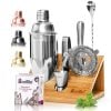 Barillio® Cocktail Shaker Set With Elegant Bamboo Stand (Silver)