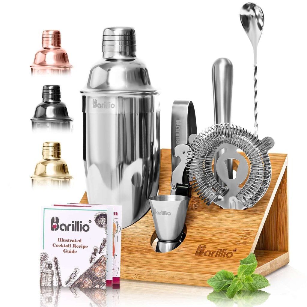 Cocktail Shaker Set With Elegant Bamboo Stand (Silver)