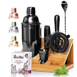 Barillio® Cocktail Shaker Set With Elegant Bamboo Stand (Black)