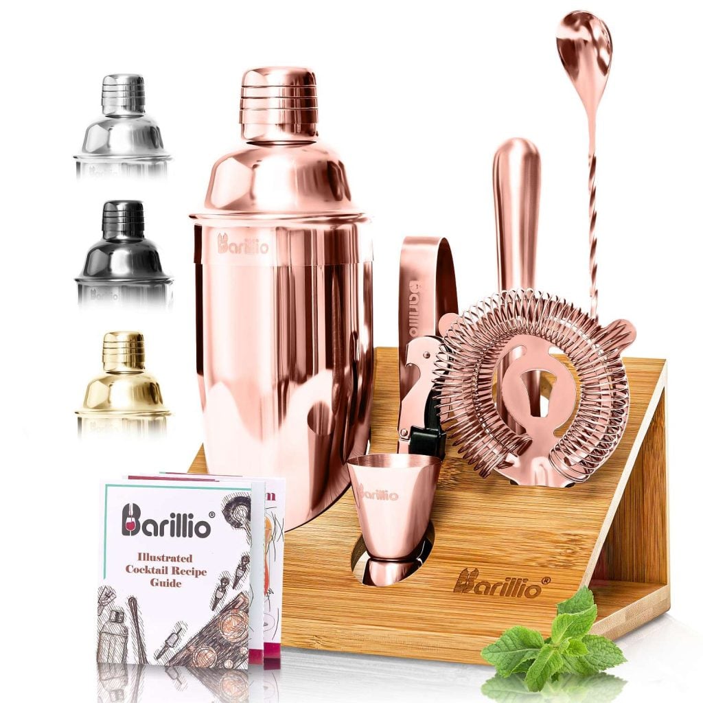 Cocktail Shaker Set With Elegant Bamboo Stand (Rose-Copper)