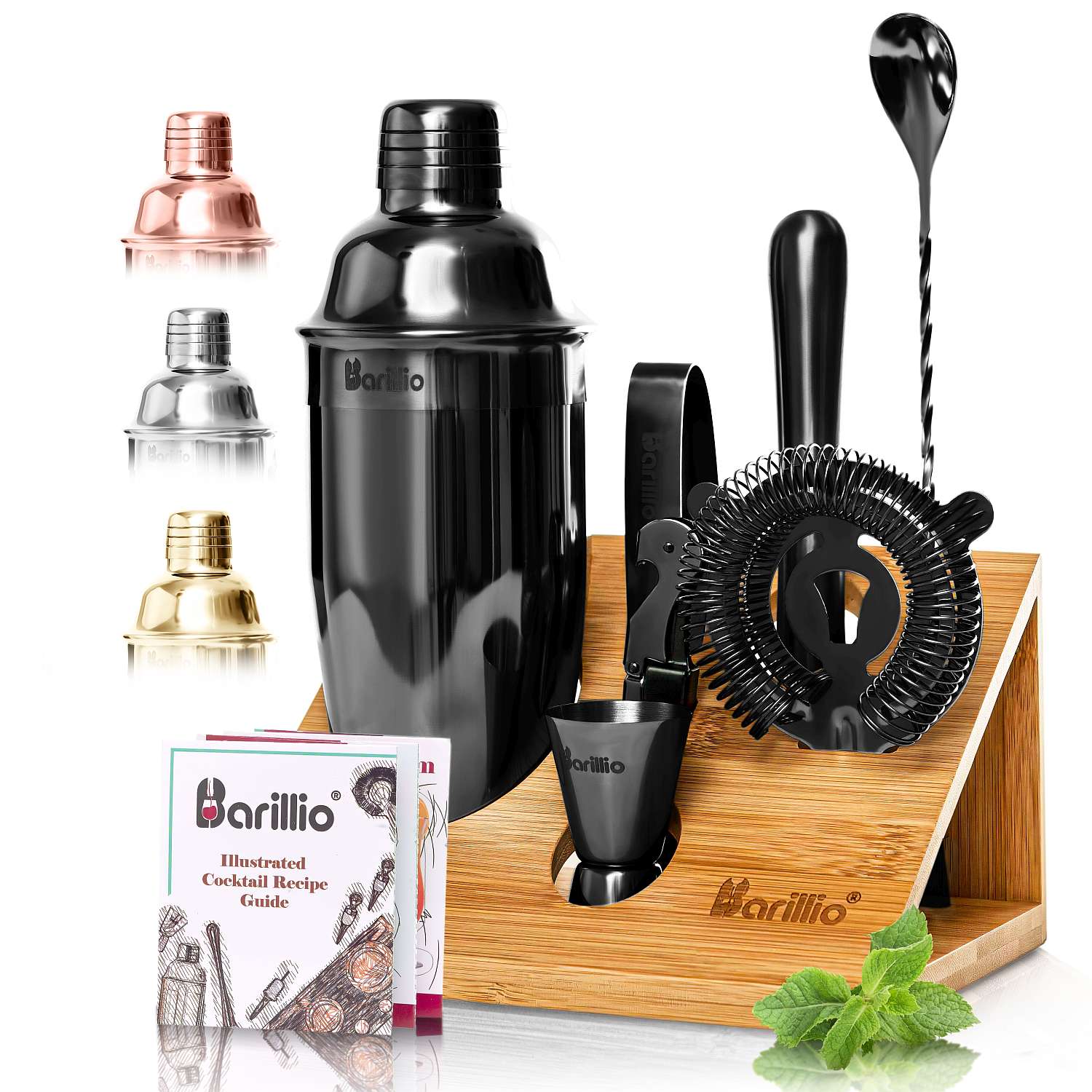 Barillio® Cocktail Shaker Set With Elegant Bamboo Stand (Black)