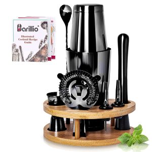 Barillio® Boston Shaker Set With Elegant Rounded Bamboo Stand (Black)