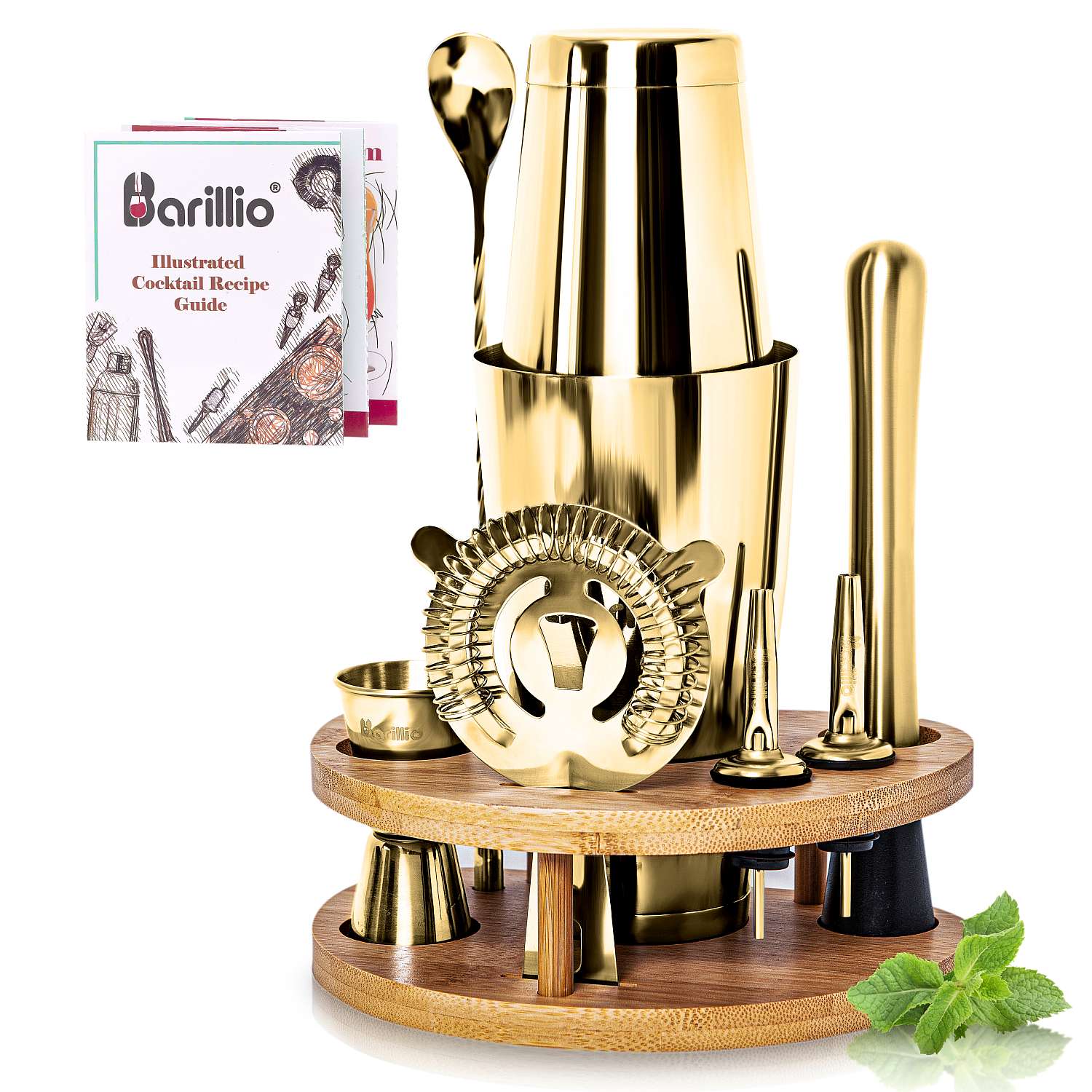 Barillio® Boston Shaker Set With Elegant Rounded Bamboo Stand