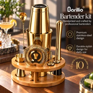Barillio® Boston Shaker Set With Elegant Rounded Bamboo Stand (Gold)