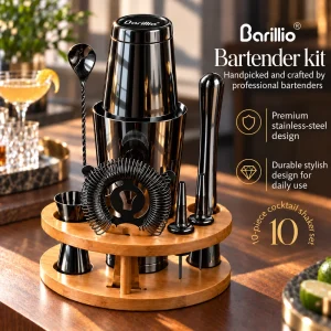 Barillio® Boston Shaker Set With Elegant Rounded Bamboo Stand (Black)