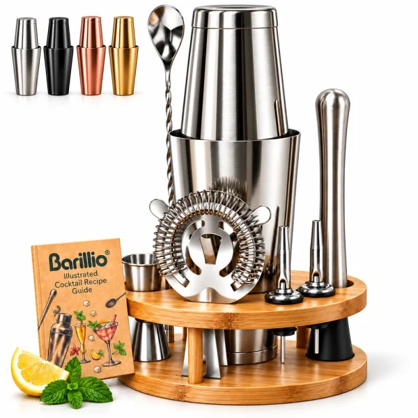 Barillio® Boston Shaker Set With Elegant Rounded Bamboo Stand