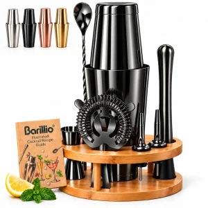 Barillio® Boston Shaker Set With Elegant Rounded Bamboo Stand (Black)
