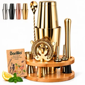 Barillio® Boston Shaker Set With Elegant Rounded Bamboo Stand (Gold)