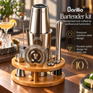 Barillio® Boston Shaker Set With Elegant Rounded Bamboo Stand