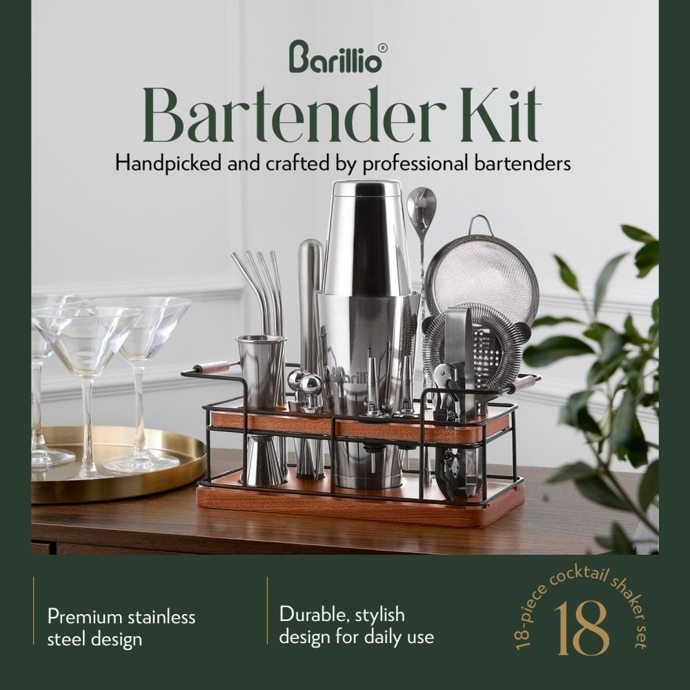 ガルニエ リキュール フラコン カドリール スタッキング セット Silver 18-Piece Bartender Kit With Mahogany Stand | Barillio®