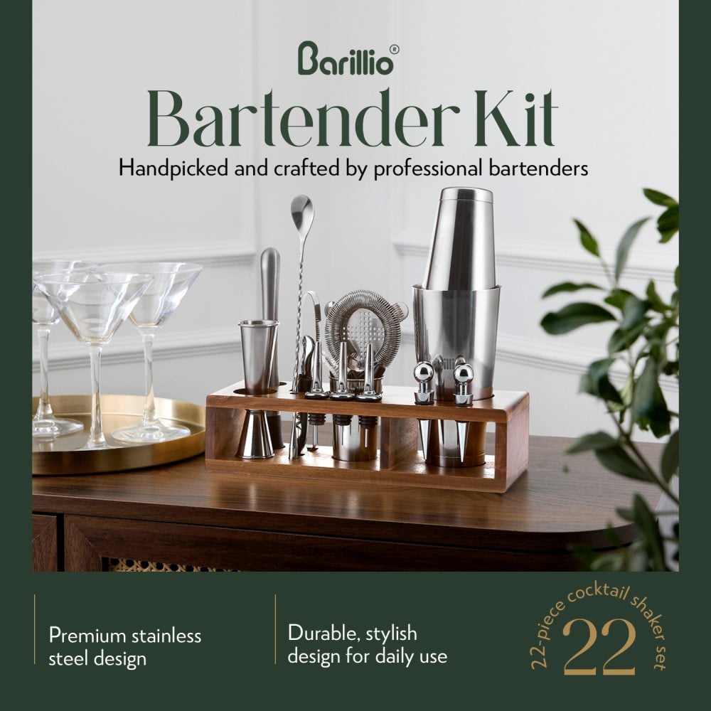 Silver 22-Piece Bartender Kit With Acacia Wood Stand | Barillio®