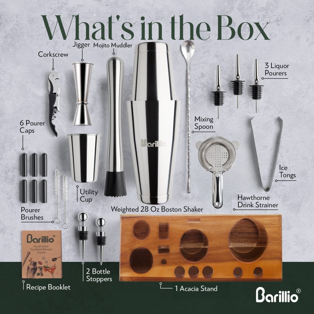 Silver 22-Piece Bartender Kit With Acacia Wood Stand | Barillio®