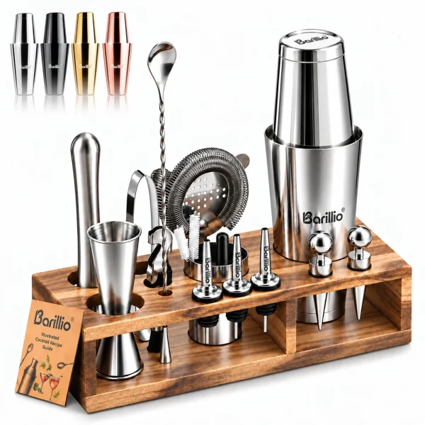 Barillio® Mixology Silver Bartender Kit With Elegant Acacia Stand
