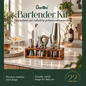 Barillio® Mixology Silver Bartender Kit With Elegant Acacia Stand