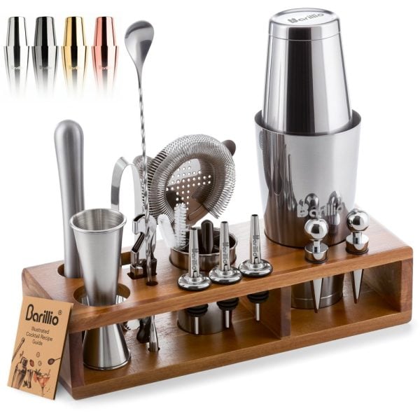 Barillio® Mixology Silver Bartender Kit With Elegant Acacia Stand