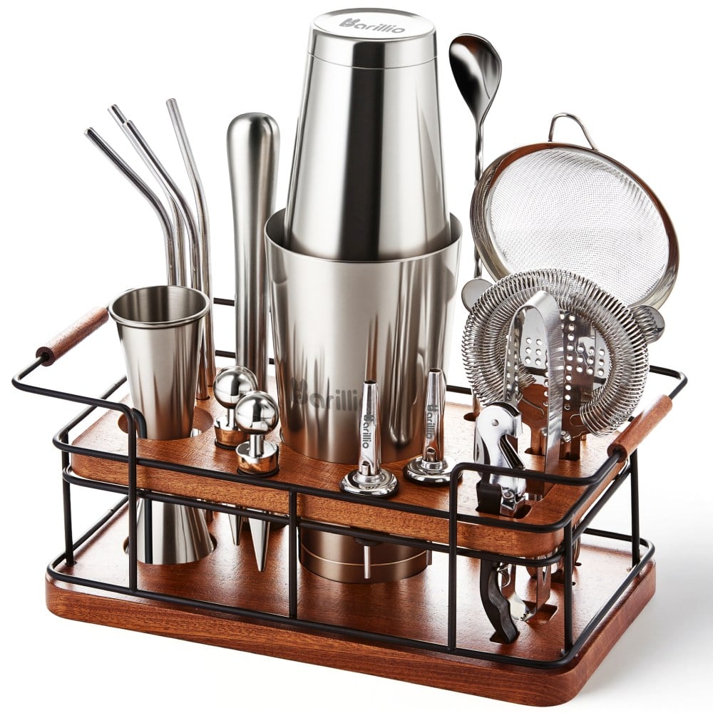 Barillio® Mixology Silver Bartender Kit With Elegant African Mahogany Stand - Barillio